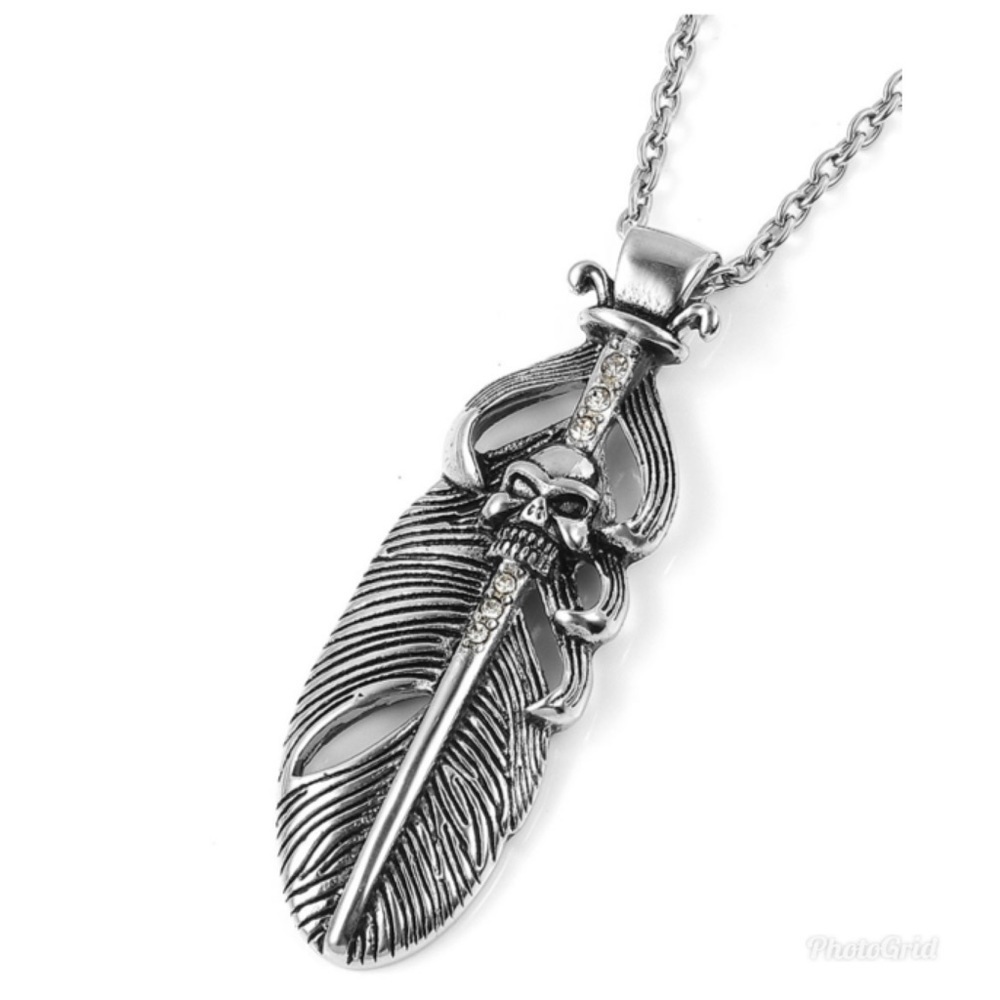 Crystal Feather Pendant Stainless Steel Necklace